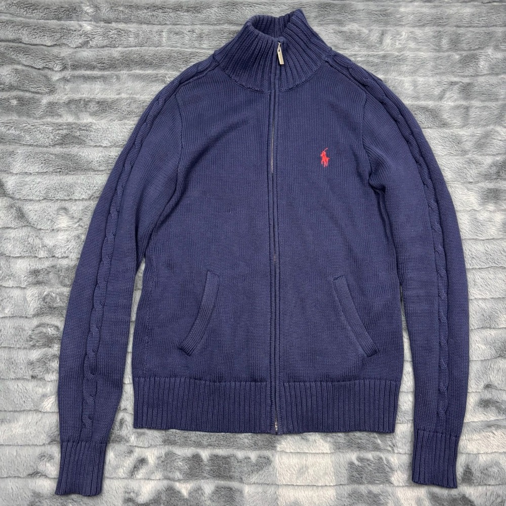 Ralph Lauren Sport Mens Navy Blue Cotton Full Zip Cable Knit Cardigan Sweater M